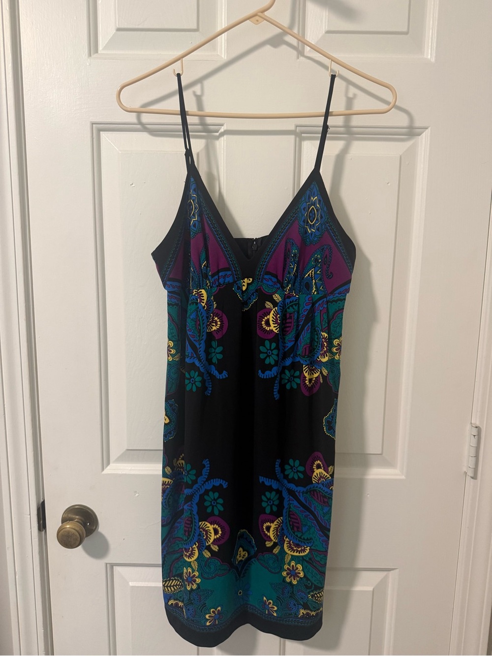 ECI Black Slip Dress with Teal, Purple & Yellow Paisley Accents